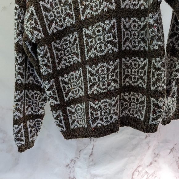 Vintage Sweater Womens Large Brown Medallion Boho Granny Square 90s Knit Pattern - Picture 7 of 10